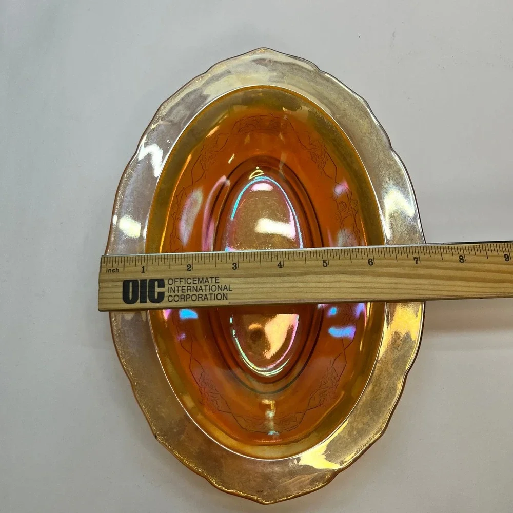 Jeanette Glass Iris and Herringbone Marigold Carnival Glass Oval‎ Vegetable Bowl